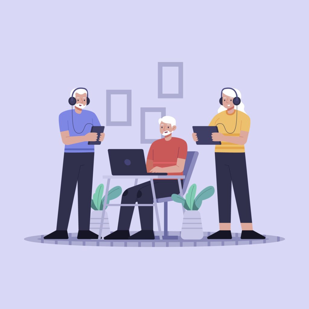 Three people using devices together.