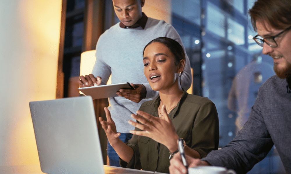 Group discussing in a modern office.