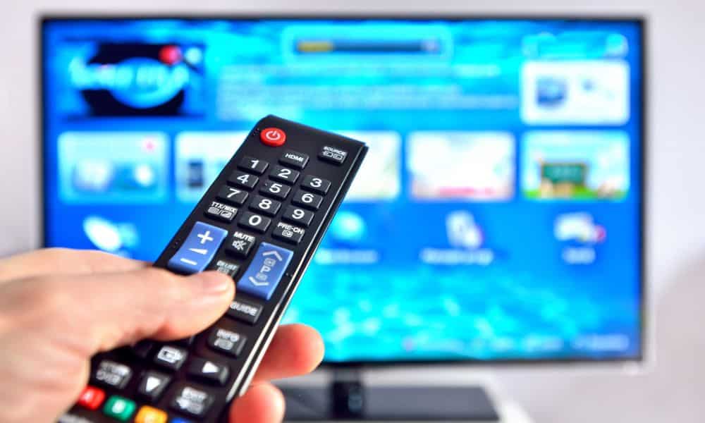 Hand holding remote control, TV screen