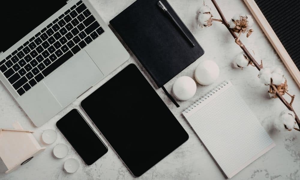 Laptop, tablet, phone, notebook, decor